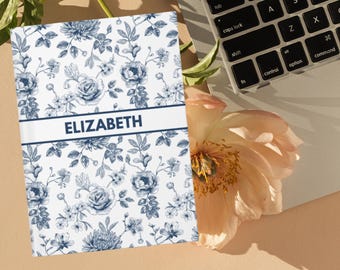 Personalized Blue Toile Journal, Customized Coquette Notebook for Women, Custom Name Journal, Bridesmaid Proposal, Wedding Bridal Party Gift