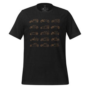 May include: A black t-shirt with a vintage illustration of 16 different hot rods. The hot rods are outlined in a light brown color.