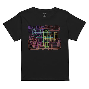 May include: Black t-shirt with a colorful abstract design of overlapping lines and shapes.