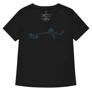 May include: Black v-neck t-shirt with a line drawing of a person walking a dog. The drawing is in blue.