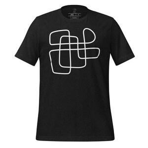 May include: Black t-shirt with a white abstract design. The graphic is a series of connected, rounded rectangles and lines. The shirt has short sleeves and a crew neck. The fabric appears to be a soft, heathered material.