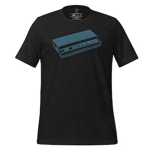 May include: A black t-shirt with a blue outline of a vintage Atari 2600 video game console.