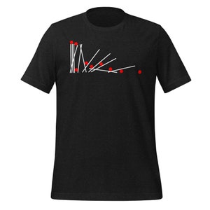 May include: Dark gray t-shirt with a graphic design. The design features white lines and red dots arranged in a geometric pattern. The shirt has short sleeves and a crew neck.