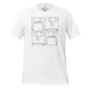 May include: White t-shirt with a black outline of four floppy disks.