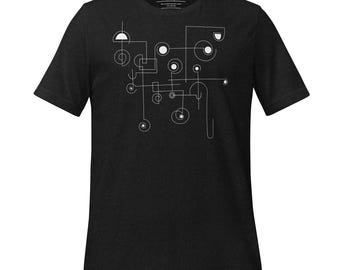 Peut inclure: T-shirt gris foncé avec un motif géométrique blanc. Le motif est composé de lignes, de cercles et de demi-cercles interconnectés, créant un motif abstrait. Le t-shirt a des manches courtes et un col rond.