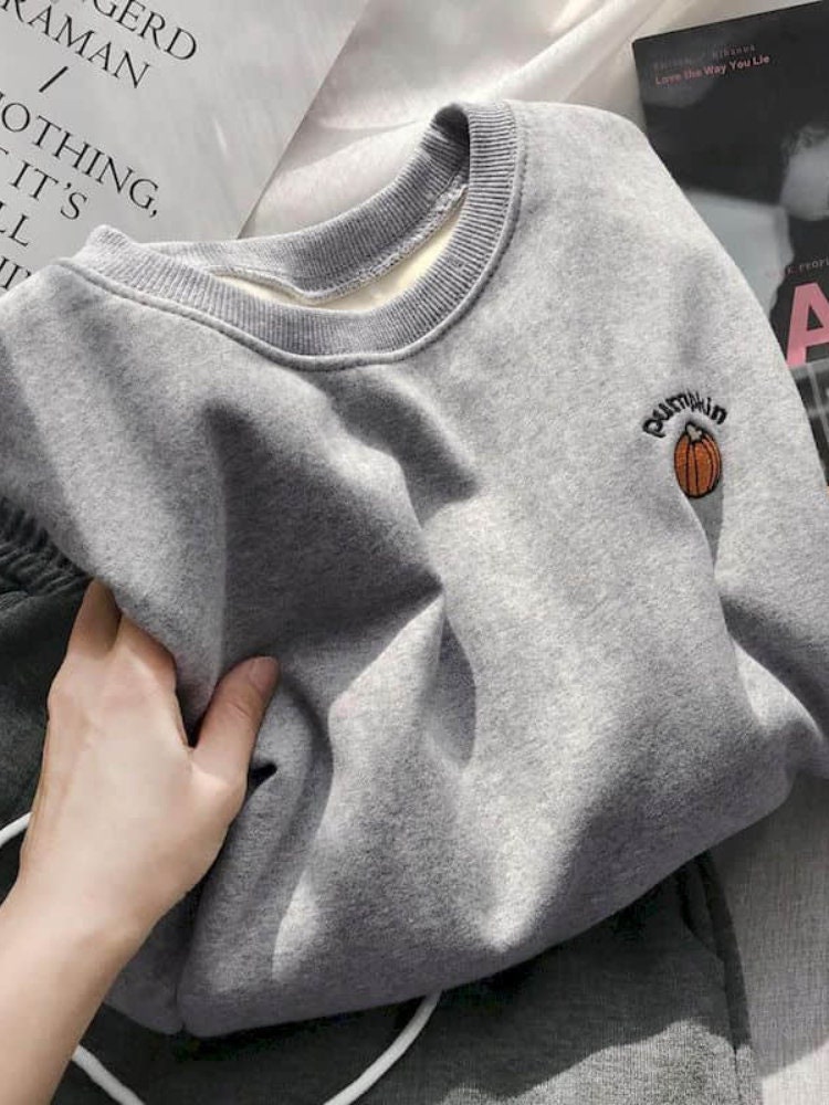 Discover Cute Preppy Sweatshirt | Spring Autumn O-neck Shirt | Pumpkin Embroidery | Men Women Velvet Outer | Thick Loose Tops | Gothic Sweatshirt |