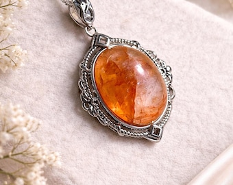 Huge Hematoid Quartz Pendant: Natural Shinning Orange Candy Petals, Silver-Plated Copper Necklace