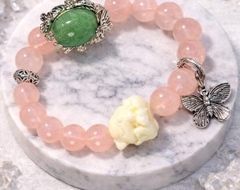 Unique Natural Madagascar Rose Quartz Bracelet | Flower Butterfly Charm, Love Energy, Handmade  Beads