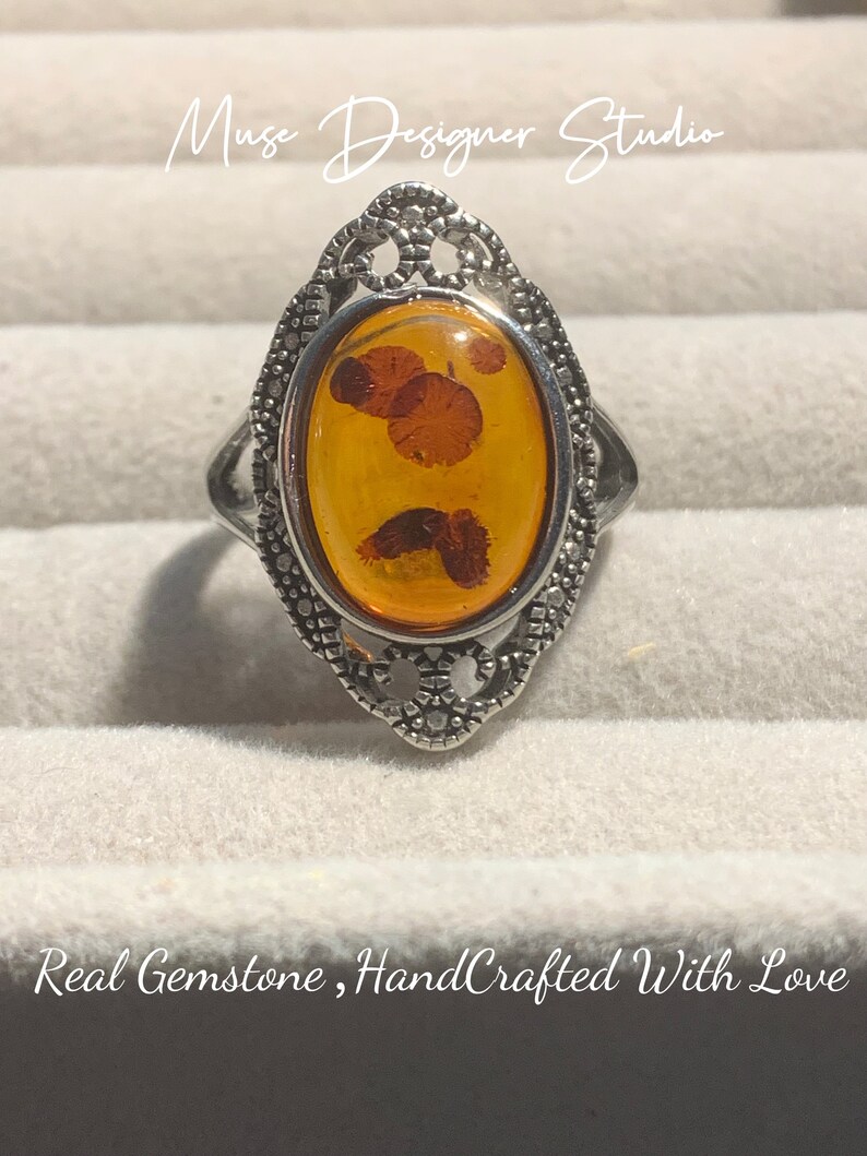 Vintage Design Natural Baltic Amber Ring: Adjustable Silver Plated Band No.5