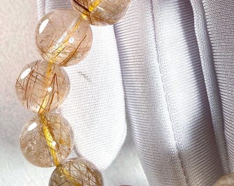 Natural Golden Rutilated Quartz Bracelet | Gold Rutilated Crystal Energy | Handmade Elastic Gemstone Jewelry