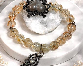Natural Black Gold Super Seven Crystal Bracelet with Obsidian and Labradorite  Charm | Energy