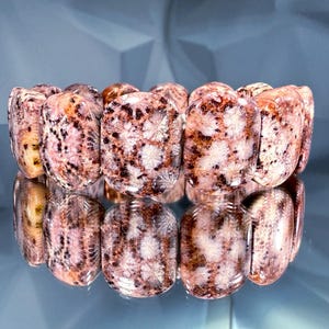 Silicified Coral Fossil Bracelet: Snowy Purple Fern Pattern, Elastic