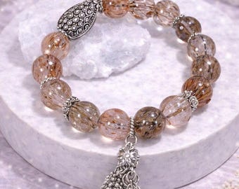 Natural Black Gold Super Seven Crystal Bracelet with Clear Quartz Point Charm | Energy