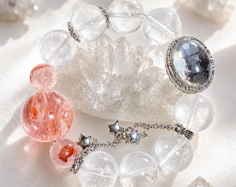 Natural Clear Quartz Bracelet | Huge Koi Hematoid Crystal, Handmade Gemstone Jewelry