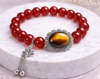 Unique Natural Red Agate Bracelet with Yellow Tiger's Eye Charm | Butterfly Theme Energy Bracelet
