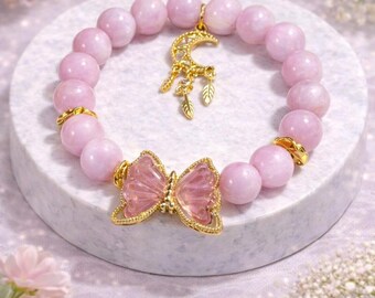 Unique Piece! Big Natural Kunzite Beads Bracelet with Fluorite Charm / Gift Wrap