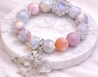 Natural A Grade Sakura Agate Stretch Bracelet:  with Amethyst Flower Charm Beads