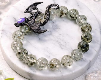 Natural Gemstone Bracelet with Diopside Dragon Charm, Citrine, Amethyst, Charoite, Moonstone, Hypersthene