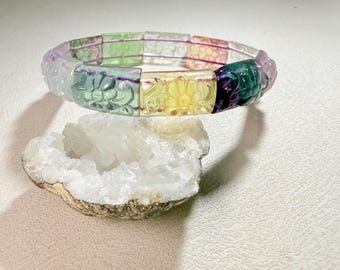 Unique Piece! Carved Fluorite Flower Lucky Charm Bracelet: Natural Gemstone Healing Jewelry