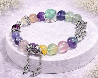 Natural Rainbow Fluorite Beaded Bracelet, Colorful Butterfly Flower and Botanical Charms, Inspired Gemstone Gift