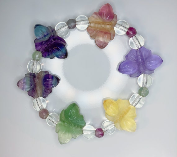 Carved Fluorite Animal Charm Bracelet: Natural Gemstone Healing Jewelry