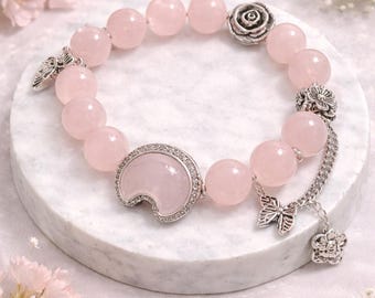 Unique Natural Madagascar Rose Quartz Bracelet | Flower Butterfly Charm, Love Energy, Handmade 10mm Beads