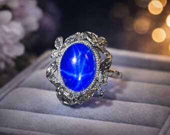 Lab-Created Star Sapphire Oval Cabochon Statement Ring Adjustable