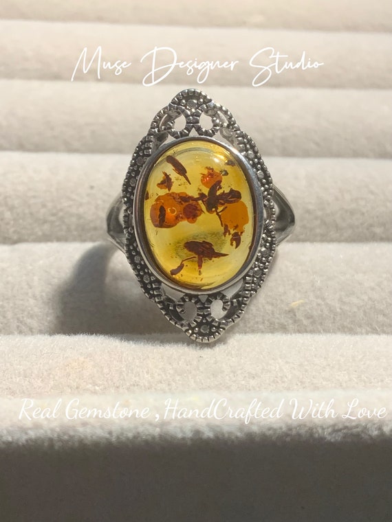 Vintage Design Natural Baltic Amber Ring: Adjustable Silver Plated Band