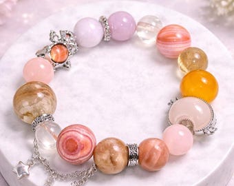 Unique Natural Pink Gemstone Planet Bracelet | Rose Quartz, Agate, Rhodonite, Kunzite Energy Beads