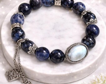 Unique Natural Iolite Bracelet with Black Mother of Pearl Charm | Indigo Crystal Energy Jewelry