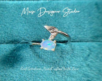Ring met opalen zeemeerminnenstaart: verstelbare ring met oceaanmotief, perfect cadeau.