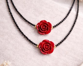 Red Cinnabar Rose Necklace with Faceted Black Spinel – Adjustable Handmade Statement Necklace