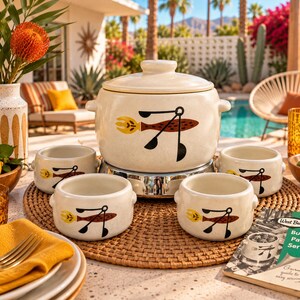 Vintage West Bend Buffet Patio Server 3288 | MCM Stoneware Crock Pot Warmer + 4 Bowls | 1960s Atomic Kitchen Serveware