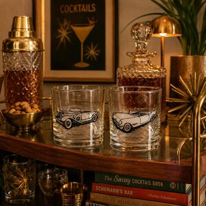 Juego de 2 vasos de whisky Libbey Classic Cars vintage / Packard de 1930 y Corvette de 1953 / Artículos de bar MCM / Vasos DOF de 355 ml