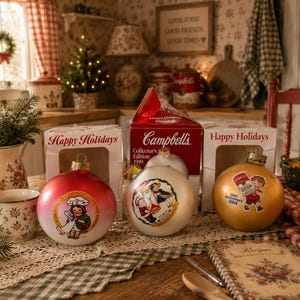 Set van 3 vintage Campbell's soep kerstornamenten uit 1997, 100 jaar, 1998 en 1999.
