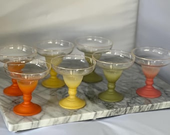 Set Of 7 Vintage Mid-Century Barware Pastel Blendo Margarita Glasses Gold Trim