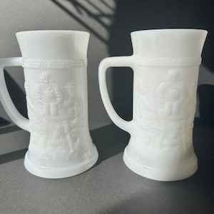 Vintage Federal White Milk Glass 6&quot; Beer Mug Stein Tankard Embossed Tavern Scene