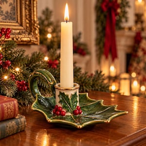 May include: A ceramic candle holder shaped like a green holly leaf with red berries and a gold-trimmed handle, holding a single off-white taper candle with a lit flame. The base features detailed leaf veins and a central cylindrical socket.