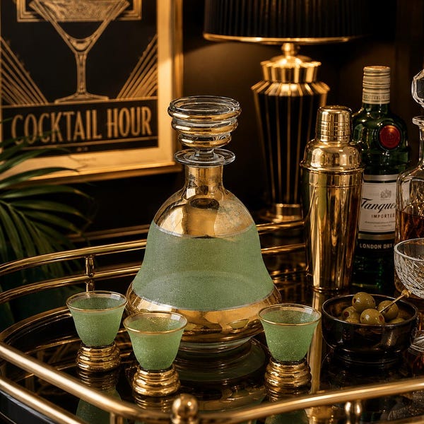 Vtg Samobor 24% Lead Crystal Frosted Green & Gold Decanter Set | MCM Cordial Glasses | Hollywood Regency Barware | Art Deco Cocktail Set