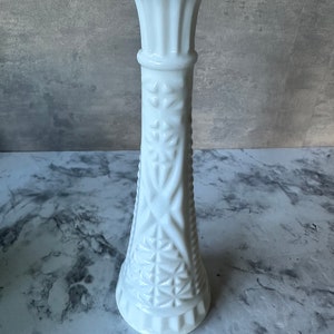 Anchor Hocking Milk Glass Stars and Bars Tall Bud Vases 9 Inch