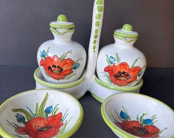 Vintage Oil & Vinegar Cruet Set Ceramic Hand Painted Italian signed 5 pc RARE