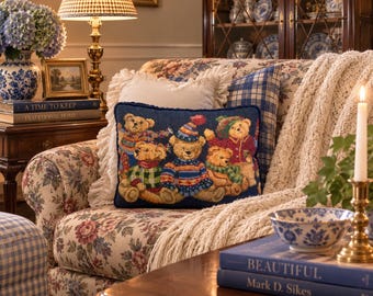 Vintage Teddy Bear Tapestry Christmas Pillow, 12x16 Holiday Decor