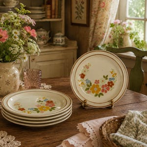 Op de afbeelding: Een set crèmekleurige keramische borden met een bruine rand en een kleurrijk bloemenpatroon van gele, oranje, roze en blauwe bloemen. Eén bord staat rechtop op een kleine metalen standaard, terwijl een stapel van vier bijpassende borden ernaast ligt.