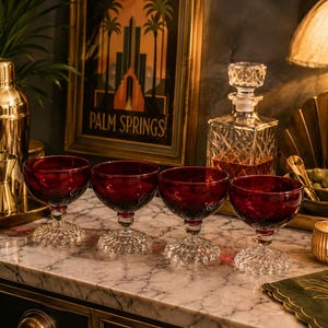Puede incluir: Un juego de cuatro copas de cristal rojo rubí con tallos y bases transparentes con textura de patrón de puntos. Los cuencos son lisos y de color rojo intenso, mientras que los tallos y las bases circulares presentan una textura de vidrio en relieve.