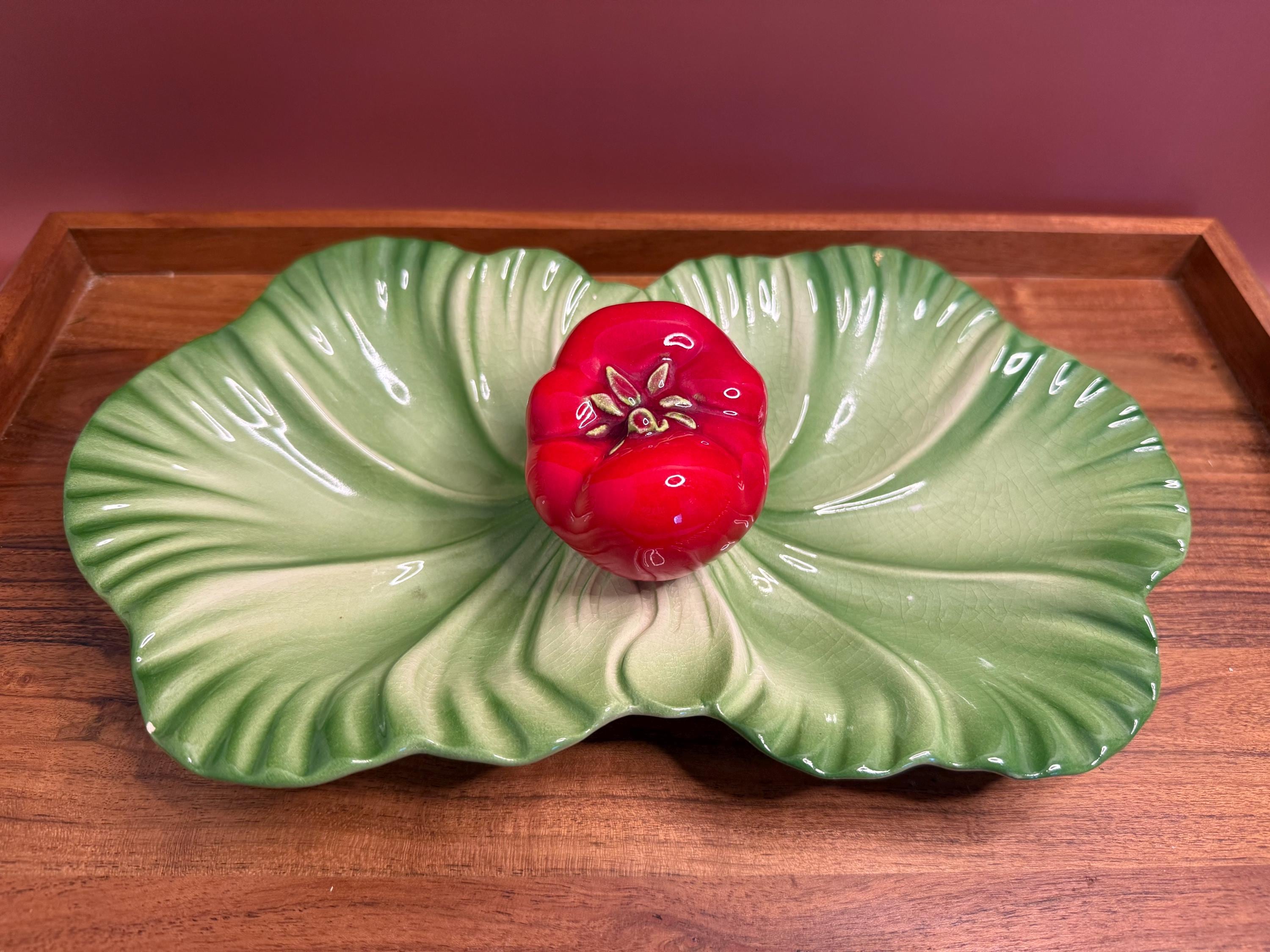 カドカド　Spode （イギリス製）Lobelia 花柄トレイ Vintage Brad Keeler Tomato and Lettuce Leaf Chip and Dip Serving
