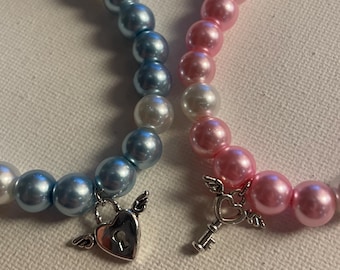 Customizable Lock and Key Bracelets | Glass Beads, Silver Plated Charms, Matching Set