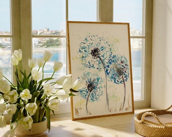Watercolor picture dandelion fine art print flowers giclée living room wall decoration watercolor art