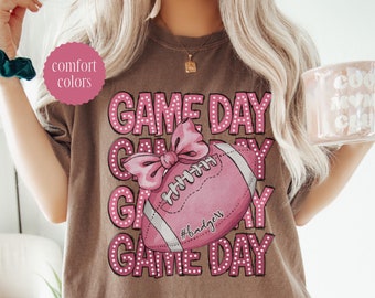 Custom Comfort Colors Football Bow Shirt, Team Name Shirt Bow, Coquette Game Day Pink Girly Football Shirt, Thanksgiving Football Mom Shirt