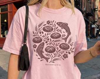Comfort Colors Boho Christian Shirt, Loaves and Fishes Tee, Matthew 14 Bible Verse Folk Art Tshirt, Linocut Floral Faith Gift for Women
