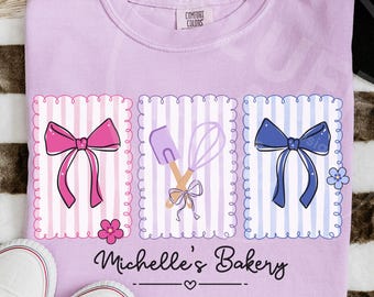 Personalized Coquette Bakery Shirt, Custom Name Baker Tee, Comfort Colors Baking Gift for Her, Cute Cake Decorator Shirt, Bow Bake Crew Top